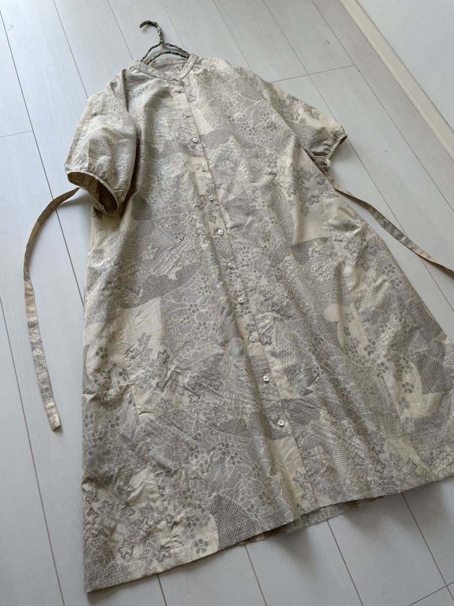☆新品未使用 上質紬バンドカラー前開きワンピース☆ハンドメイド☆紬 
