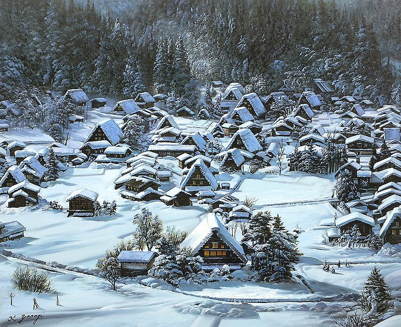 【GLC】柳甲心「世界遺産 白川郷 荻町」油彩15号 国際的活動画家 ◆人見友紀画伯彷彿の逸品!_2