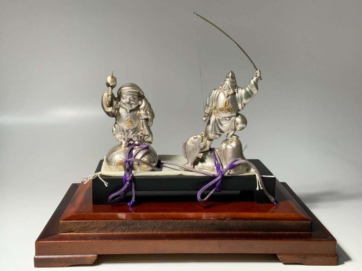 純銀製・銀製 恵比寿 大黒天 置物 銀細工 縁起物 工芸品 金属工芸(置物 