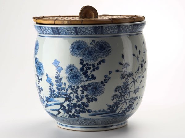 流】古伊万里 菊漢詩文染付竹網蓋水指 箱付 KI674 日本の陶磁 伊万里
