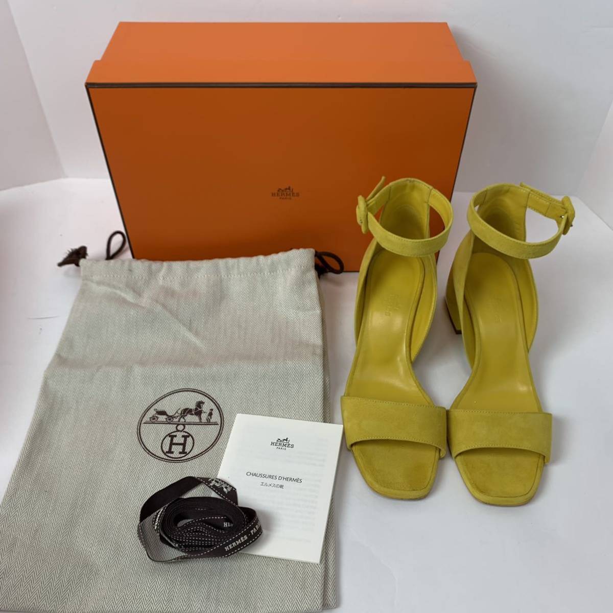 n67 美品 HERMES エルメス スエードレザー アンクルストラップ サンダル yellow 36 イタリア製 イエロー 黄色 ヒールデザイン 正規品