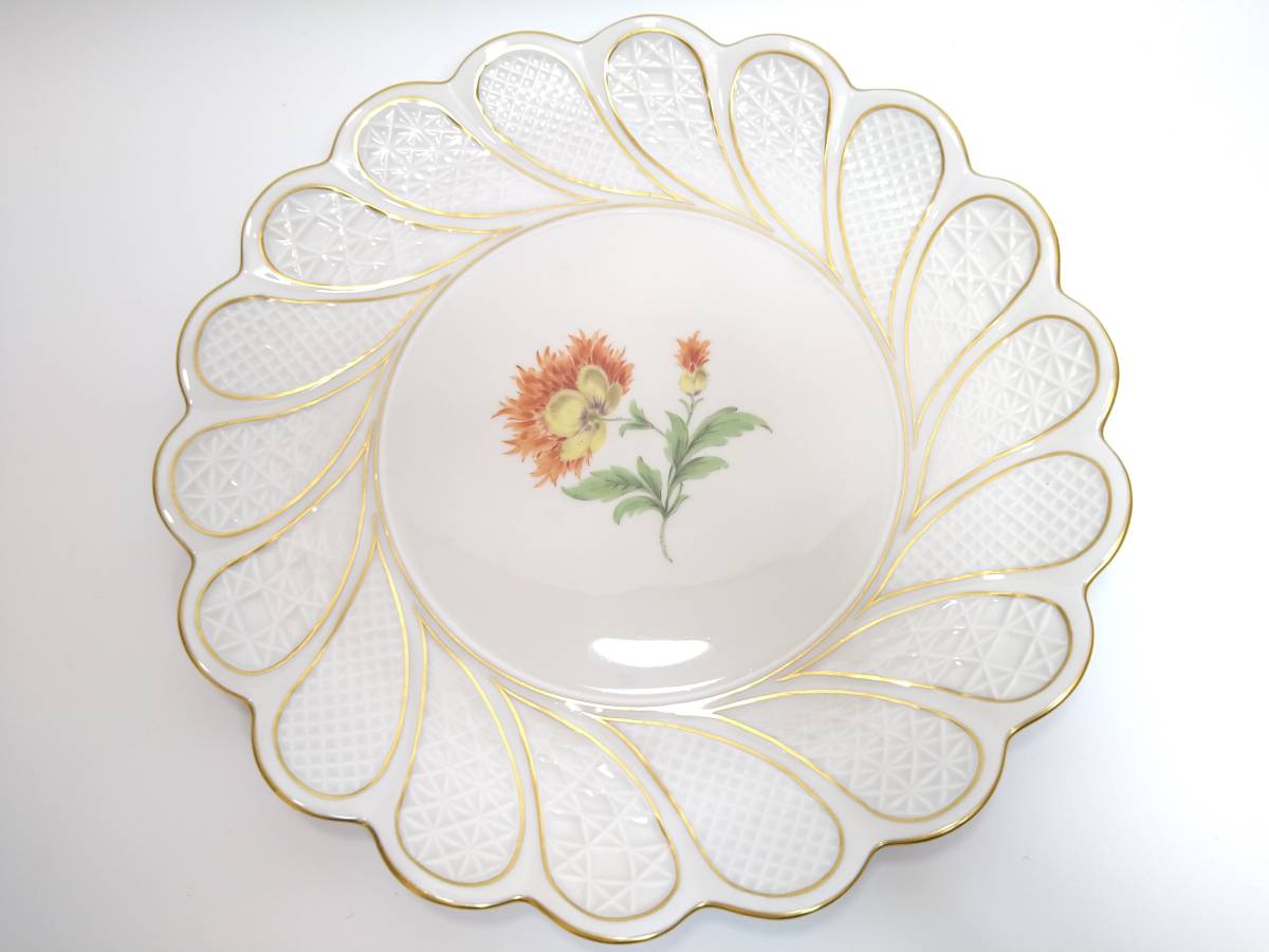 Meissen マイセン 飾り皿 金縁 輪花型 フラワー プレート 大皿 直径29cm 2級