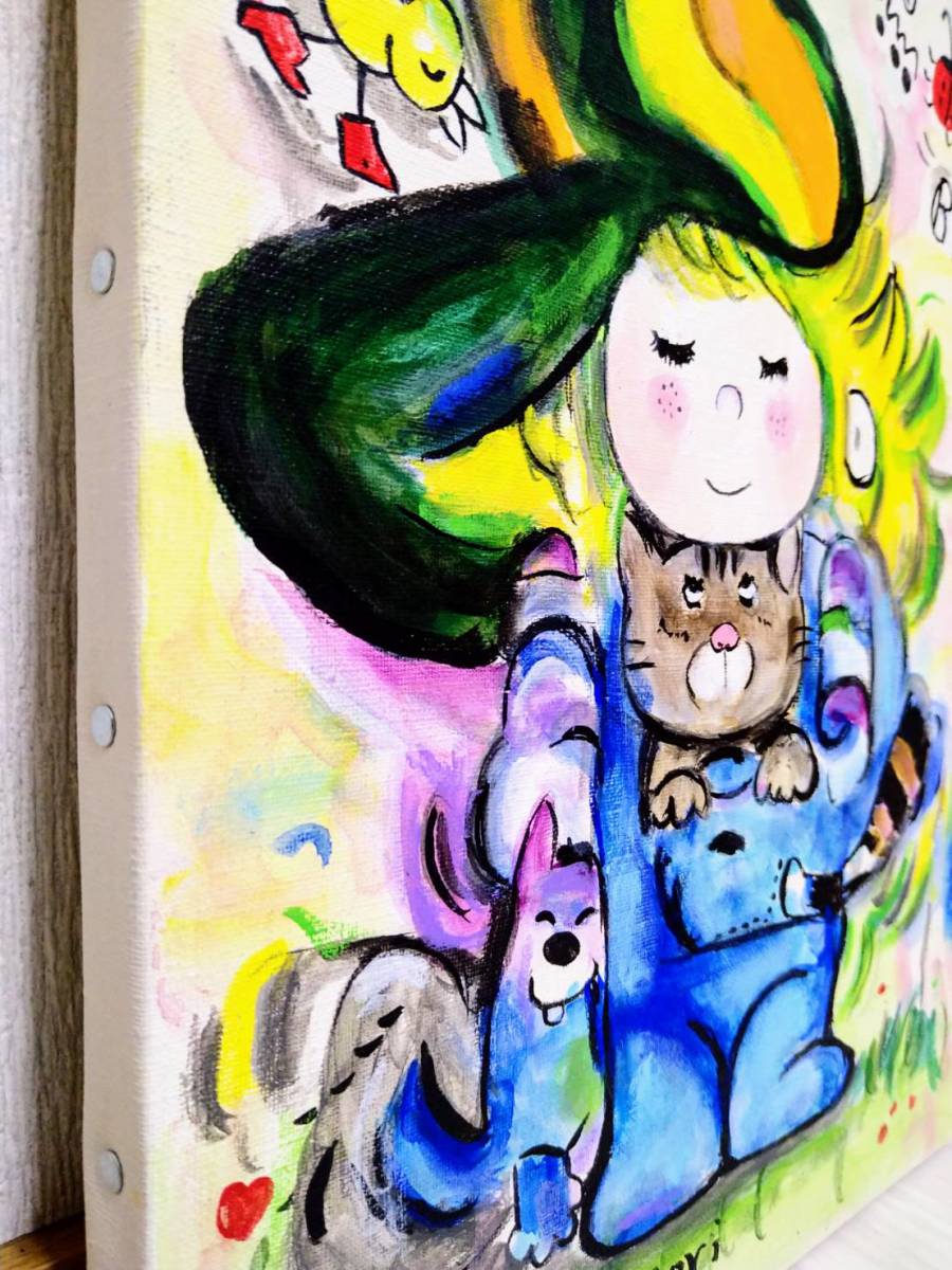 【F4】水森亜土（KISS）肉筆品/表裏サイン有り/手描/油彩/額縁有り/収集品 F4】水森亜土（KISS）肉筆品/表裏サイン有り/手描/油彩/額縁有り/収集品