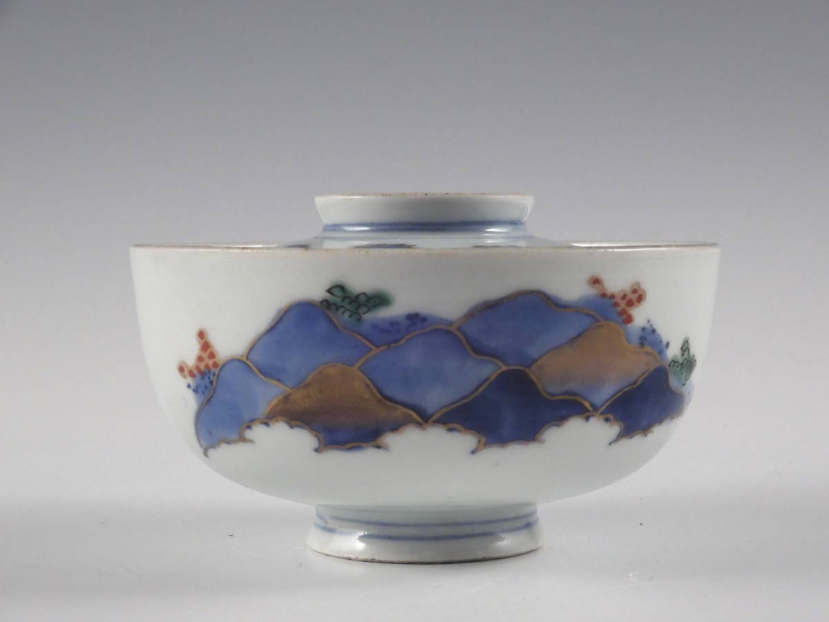 ○栄○古伊万里 色絵 雲 山並図 蓋茶碗 6客 無傷完品