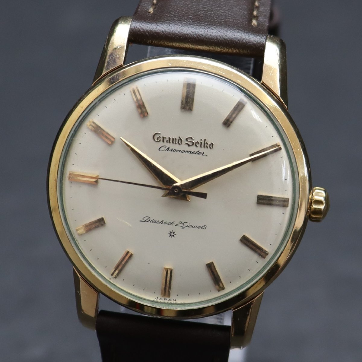 OH済 初代GS SEIKO グランドセイコー ファースト クロノメーター 機械遺産Cal.3180 手巻き J14070 獅子メダル 25石 1962年 SD文字盤 メンズ