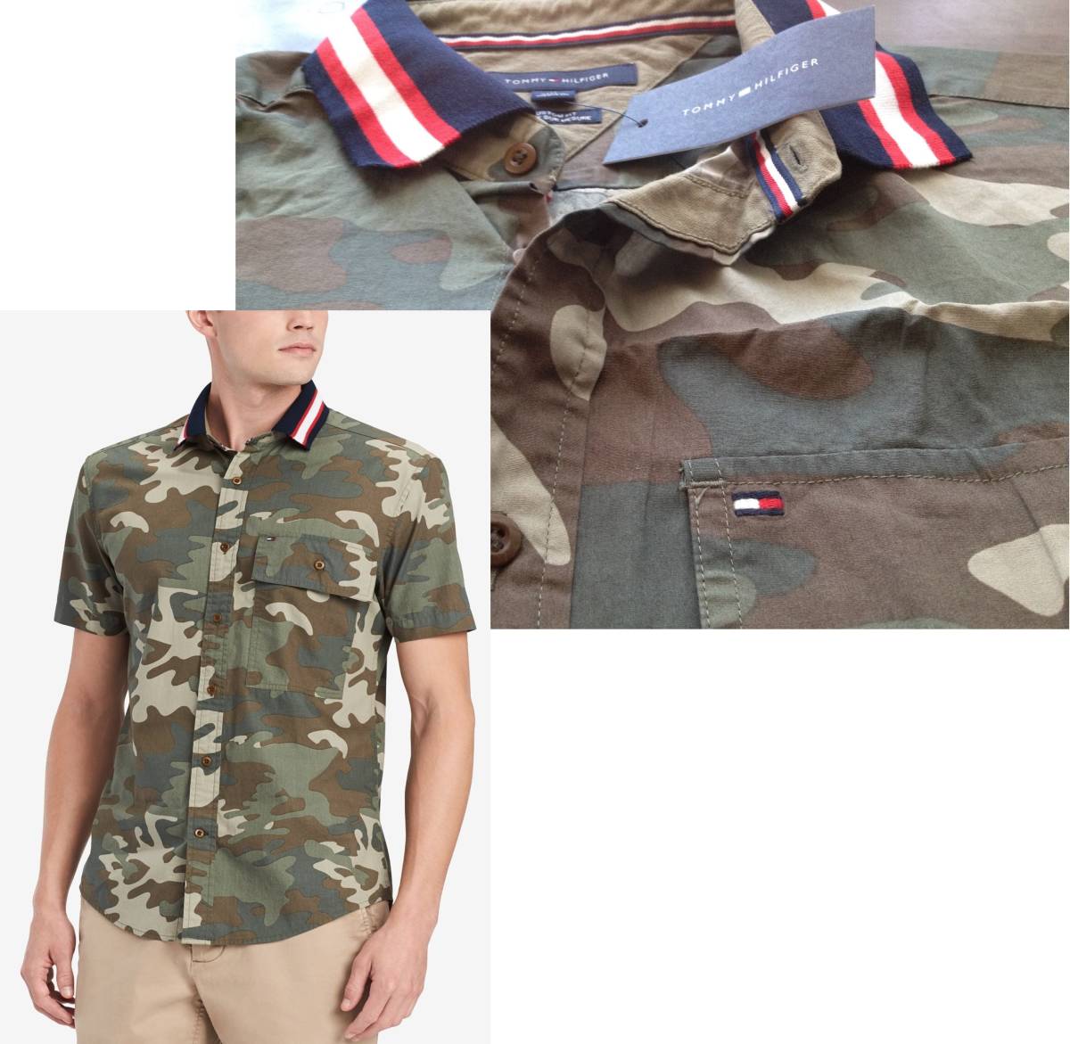 【既決USA】トミーヒルフィガー★TOMMY HILFIGER@完売胸元&衿【TOMMY Flag】刺繍ロゴ入半袖シャツ【TH Men's Camo Work Shirt】 迷彩柄@@L