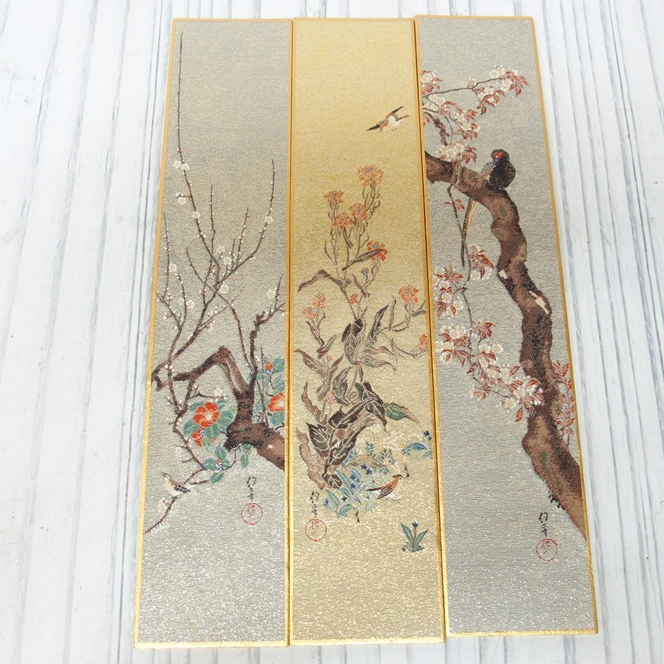 酒井抱一 短冊 西陣1800口織 花鳥十二ヶ月画帖 掛軸-1666 織物