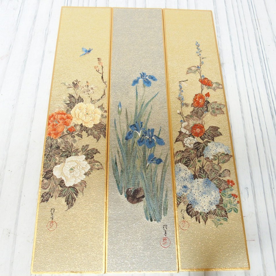 酒井抱一 短冊 西陣1800口織 花鳥十二ヶ月画帖 掛軸-1666 織物