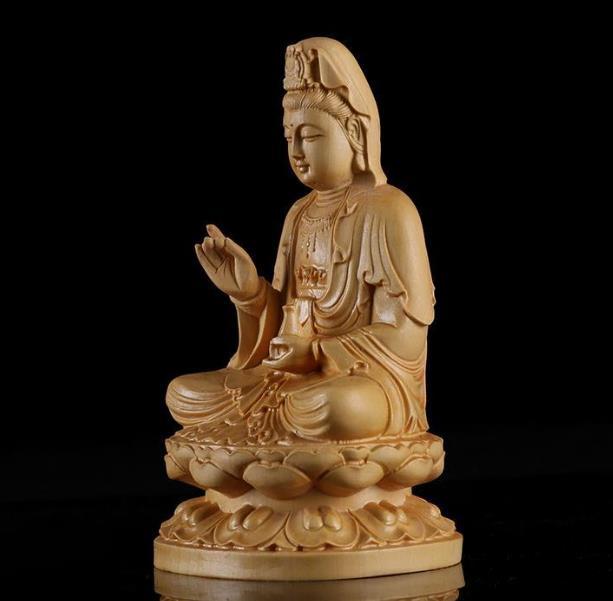 新品推薦☆ 観音菩薩 ツゲの木彫り 蓮観音仏像 供奉品仏像 手作り 実