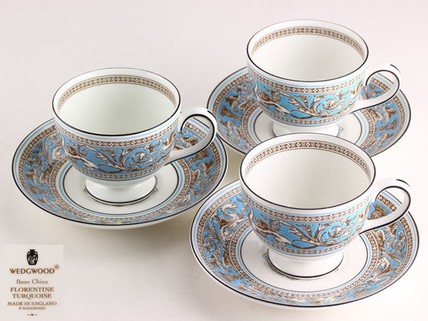 本物保証，最新作 洋食器 WEDGWOOD ウェッジウッド フロレンティーターコイズ カップ&ソーサ 3客 I0209(ウェッジウッド)｜売買されたオークション情報、yahooの商品情報をアーカイブ公開 - オークファン ウェッジウッド