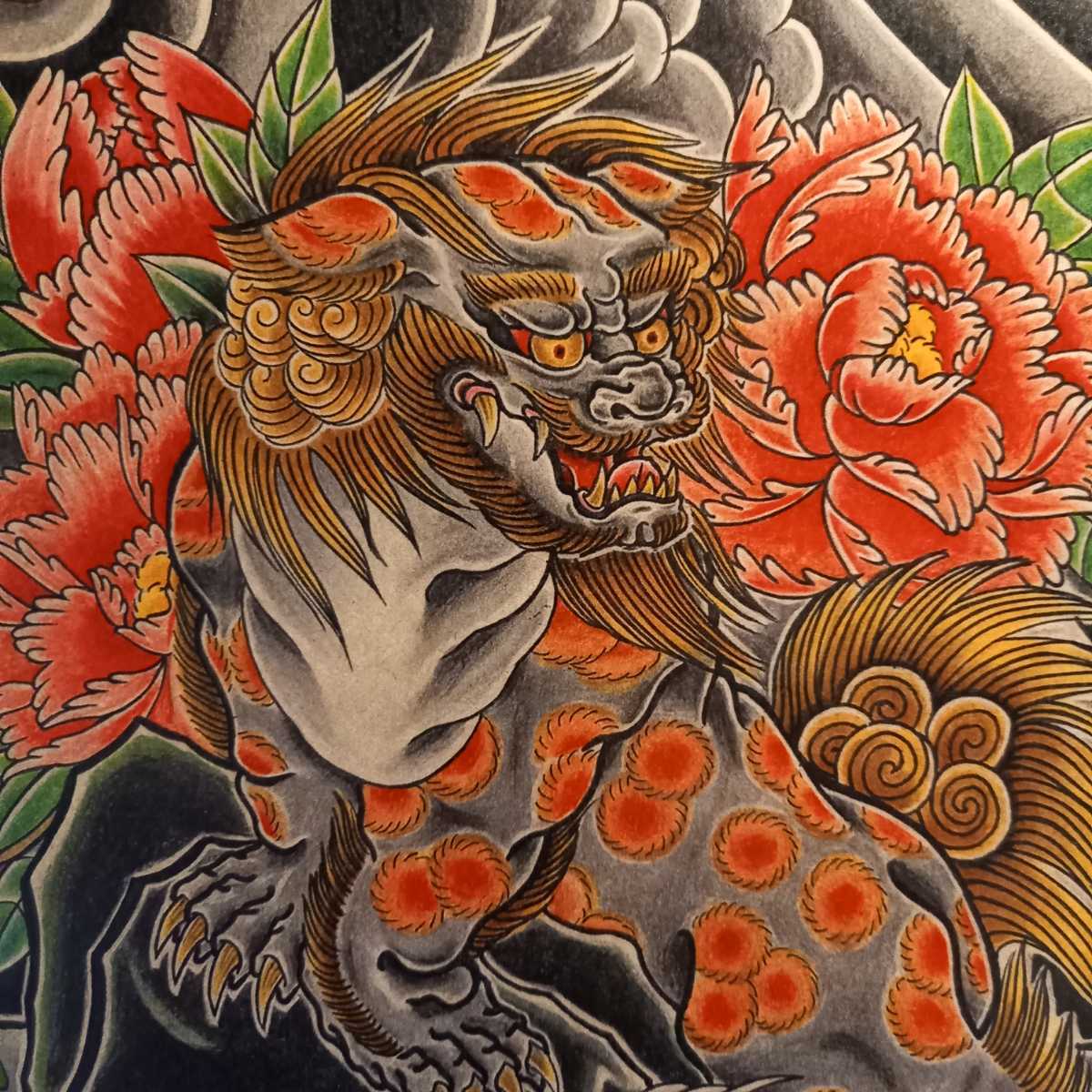 日本画唐獅子牡丹登り龍 唐獅子牡丹」A4サイズ TATTOO フラッシュ 達磨 和柄 開運 浮世絵 入墨
