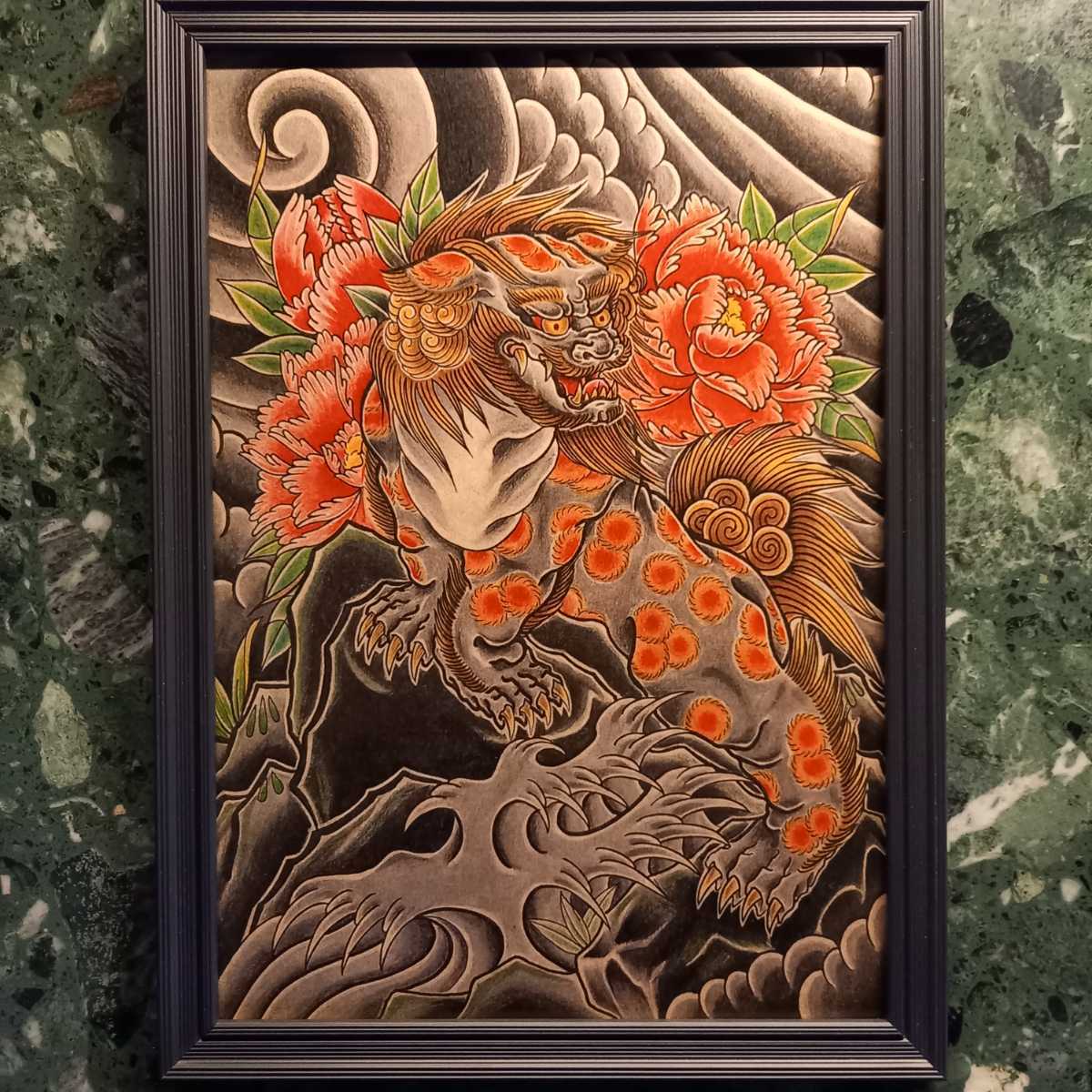 唐獅子牡丹」A4サイズ TATTOO フラッシュ 達磨 和柄 開運 浮世絵 入墨