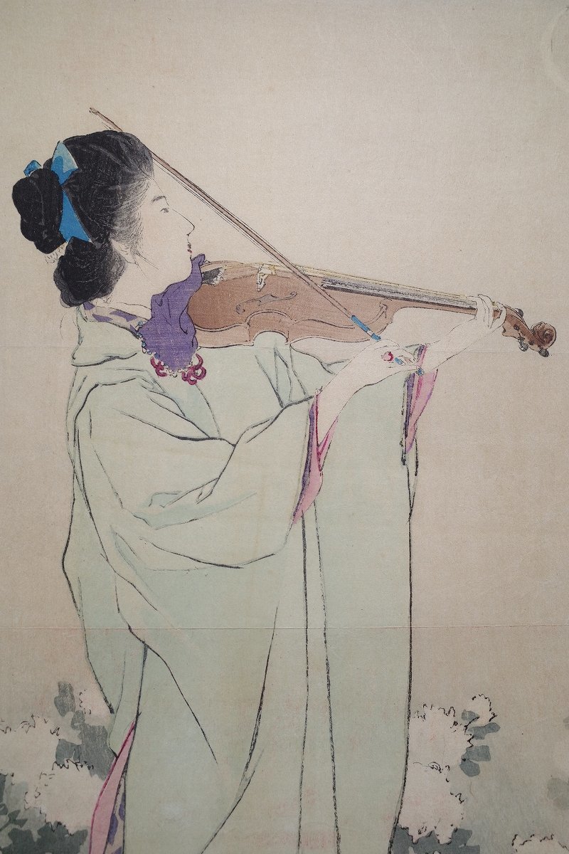 鏑木清方【バイオリンを弾く美人】□口絵 浮世絵 錦絵 美人画 木版画 摺物