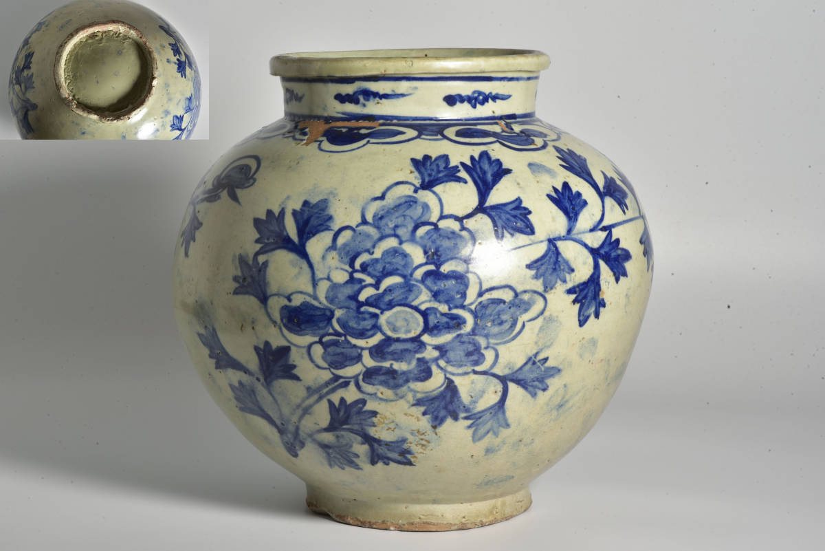 李朝/高麗・朝鮮古陶磁 白磁染付花卉文大壺 径26cm 高さ26cm 李朝⁄高麗