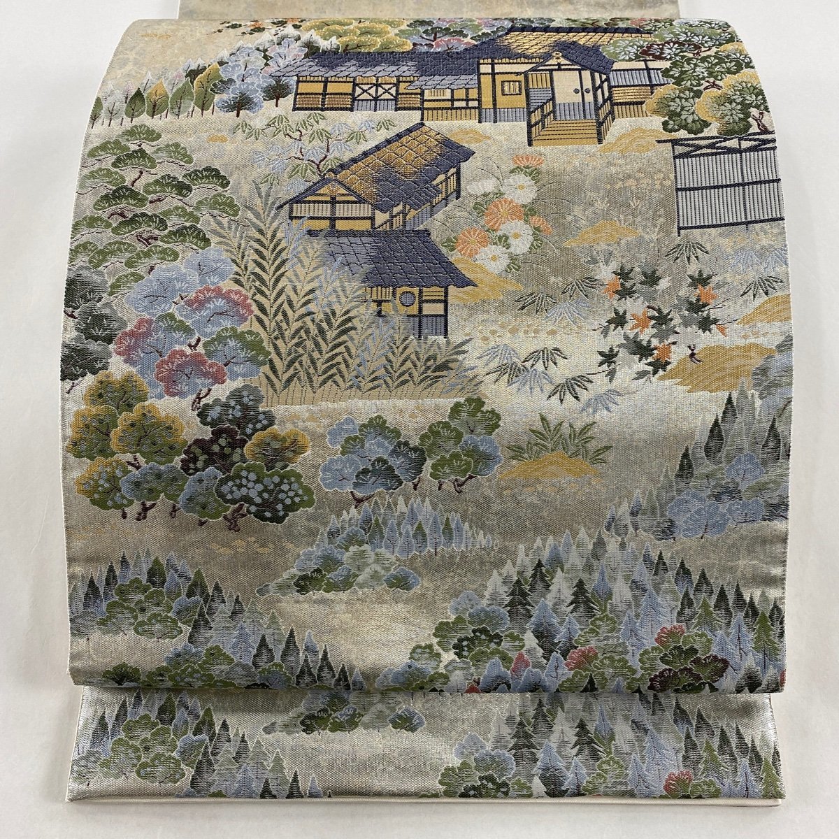 【競ナビ】袋帯 美品 秀品 風景 建物 金糸 プラチナ引箔 銀色 お太鼓柄 正絹 【中古】