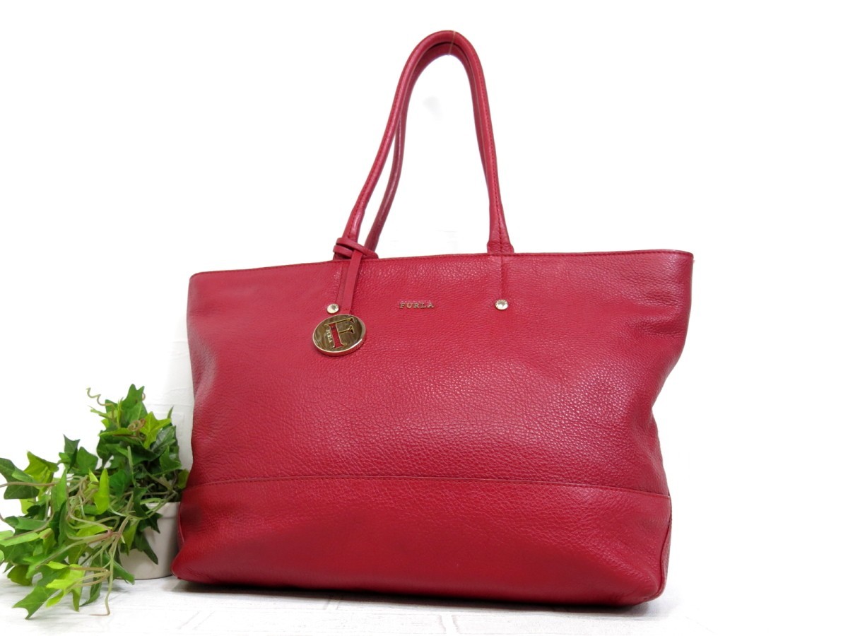 FURLA フルラ◇カーフ レザー 本革◇トート バッグ◇レッド ゴールド 