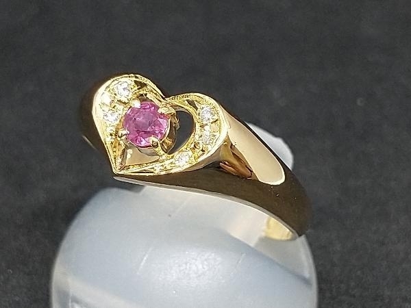 K18 ハートモチーフ リング パープル カラーストーン 赤紫系色 ダイヤモンド 2.3g 12号 18K 18金 ゴールド 指輪 店舗受取可