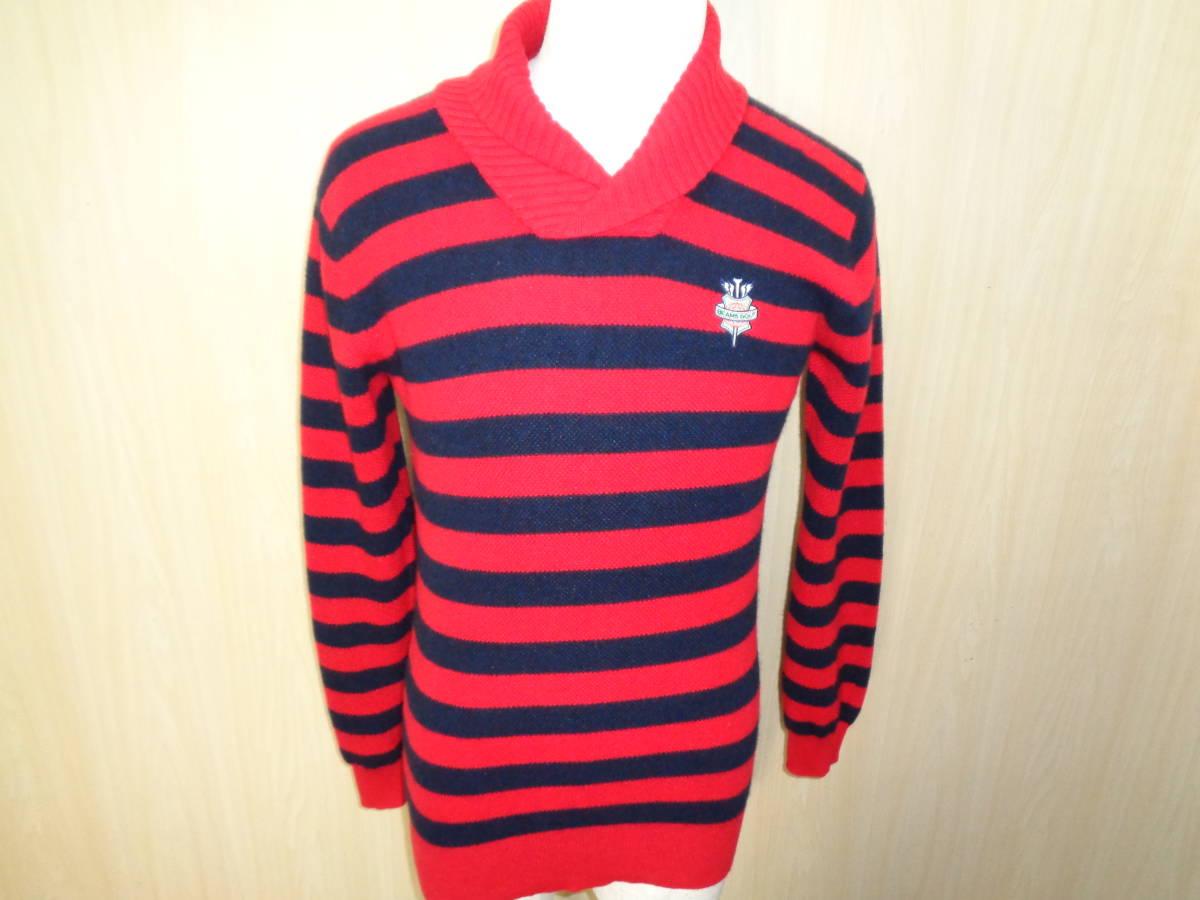 k102◇BEAMS GOLF カシミヤ100％ リブショールカラー ボーダーニット 