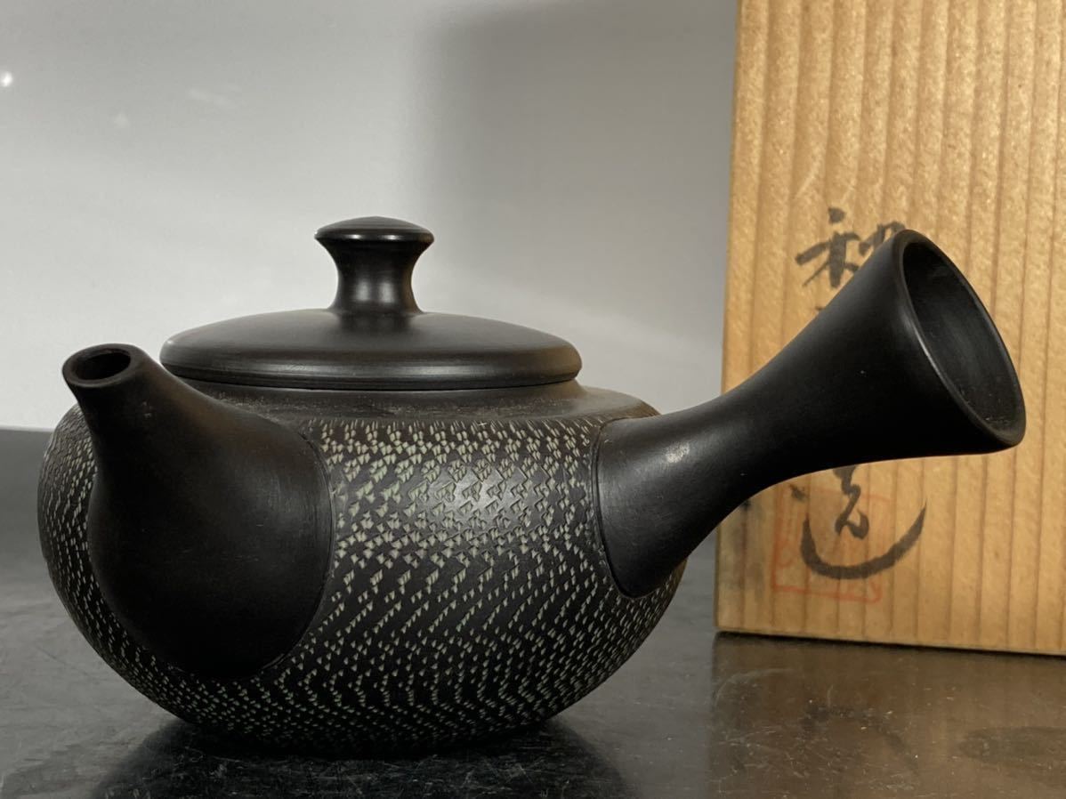 常滑焼　名工　柴田好明　作　黒泥茶注　急須　煎茶碗　5客　常滑茶注　茶道具　茶器 常滑焼 名工 柴田好明 作 黒泥茶注 急須 煎茶碗 5客 常滑茶注 茶道具