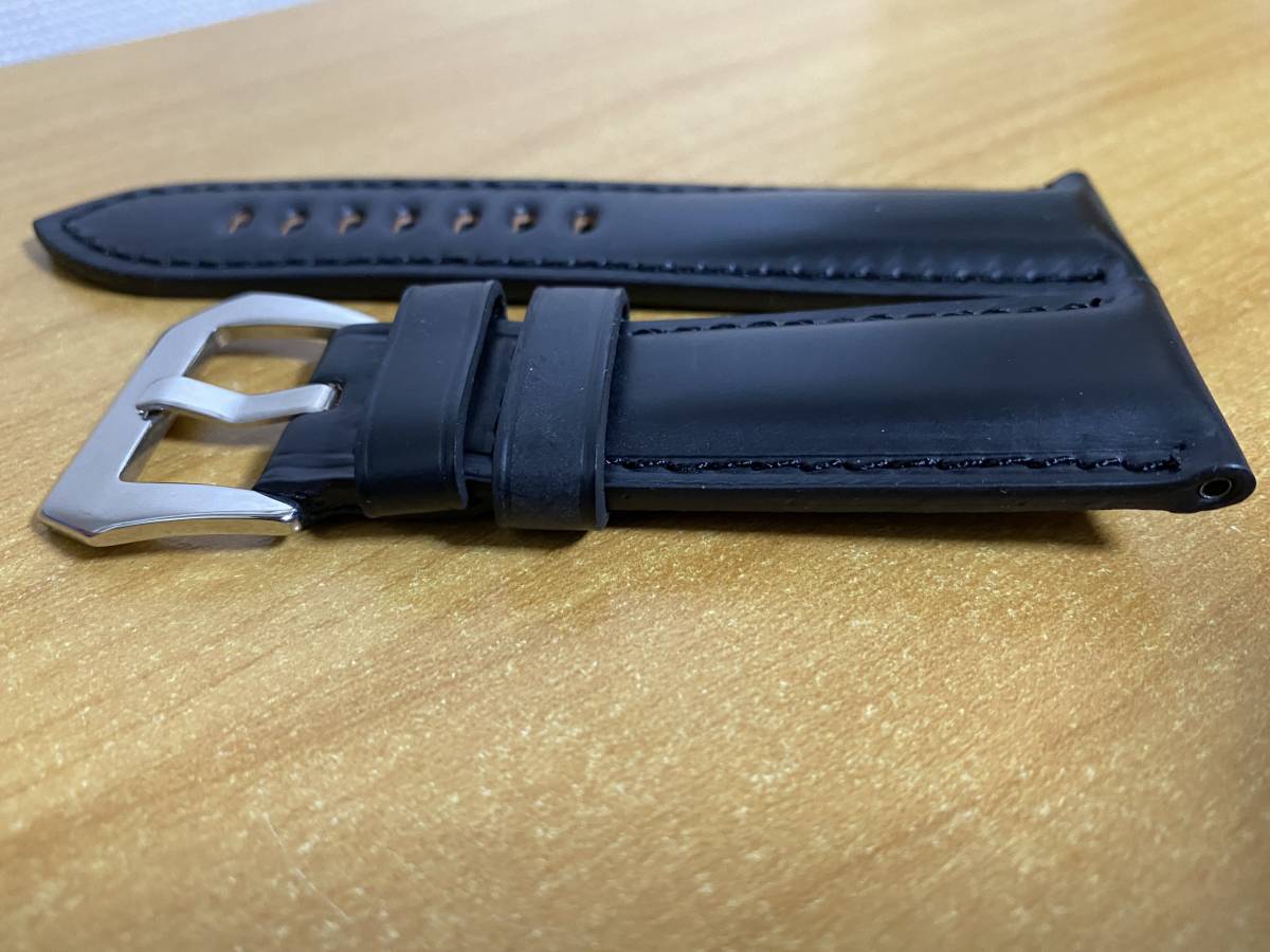 限定生産●新作●新品 時計ベルト コードバン ラグ幅24mm 24ｘ22mm 馬革 ハンドメイド 銀尾錠脱着可能 肉厚感 黒