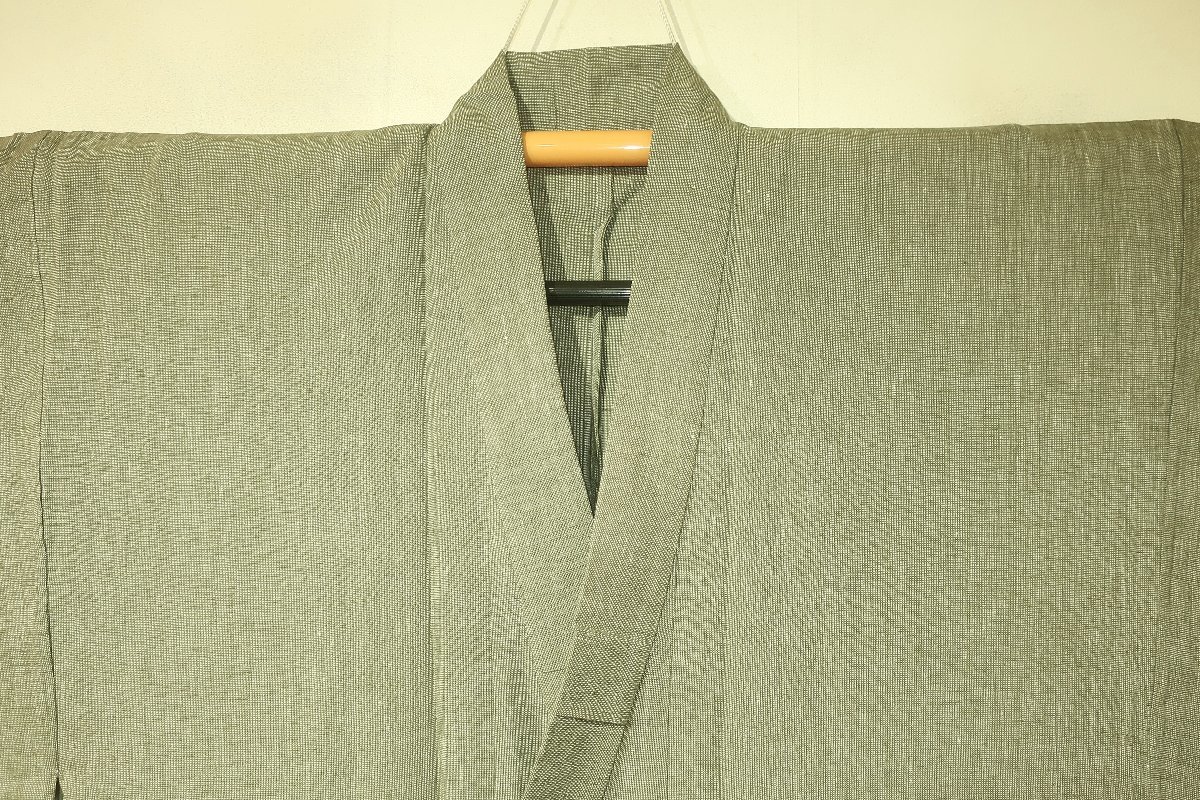 壱土4548 綿麻布織物 男着物単衣 裄72К丈150 灰緑色微塵織 新品