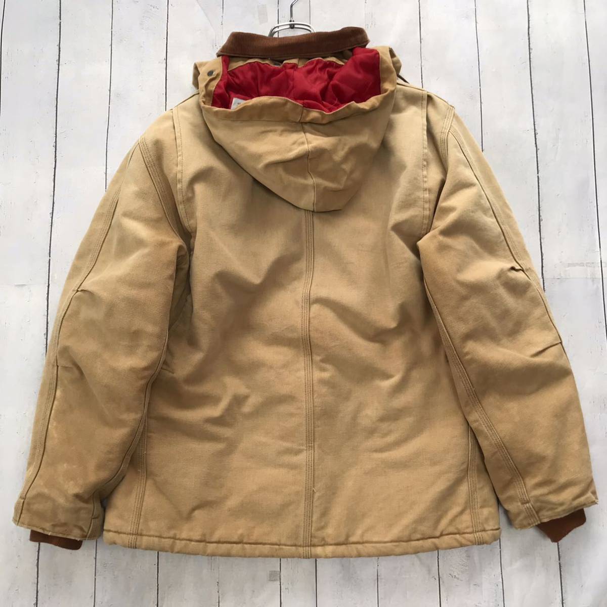 90s USA製 Carhartt カーハート ダック地 コーデュロイ襟 フード付き 