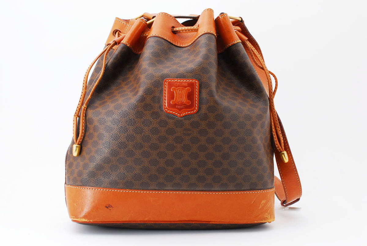 【1円スタート】CELINE　ヴィンテージ　セリーヌ　マカダム　PVC　レザー　巾着ショルダーバッグ　斜めかけバッグ　ブラゾン　22-5893 CELINE セリーヌ PVC ホワイト ボーダー クラッチバッグ