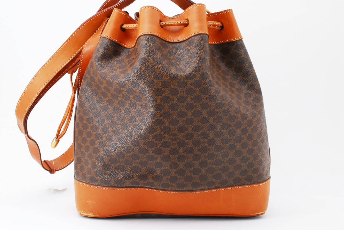 【1円スタート】CELINE　ヴィンテージ　セリーヌ　マカダム　PVC　レザー　巾着ショルダーバッグ　斜めかけバッグ　ブラゾン　22-5893 CELINE セリーヌ PVC ホワイト ボーダー クラッチバッグ
