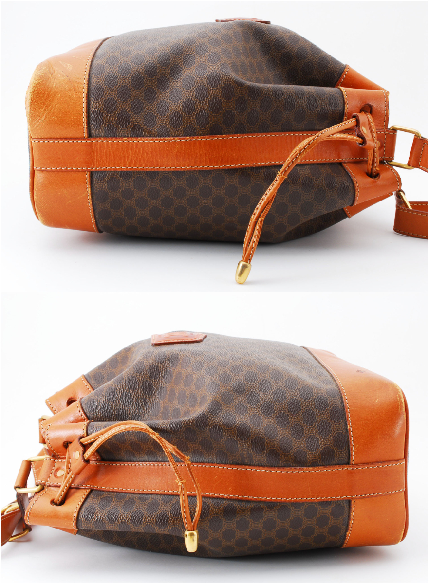 【1円スタート】CELINE　ヴィンテージ　セリーヌ　マカダム　PVC　レザー　巾着ショルダーバッグ　斜めかけバッグ　ブラゾン　22-5893 CELINE セリーヌ PVC ホワイト ボーダー クラッチバッグ