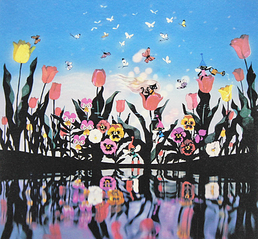 【美品】藤城清治「花と少女」オリジナル限定版画（サイン・エディション入り） □藤城清治 【花と少女】 リトグラフ 直筆サイン エディション有り