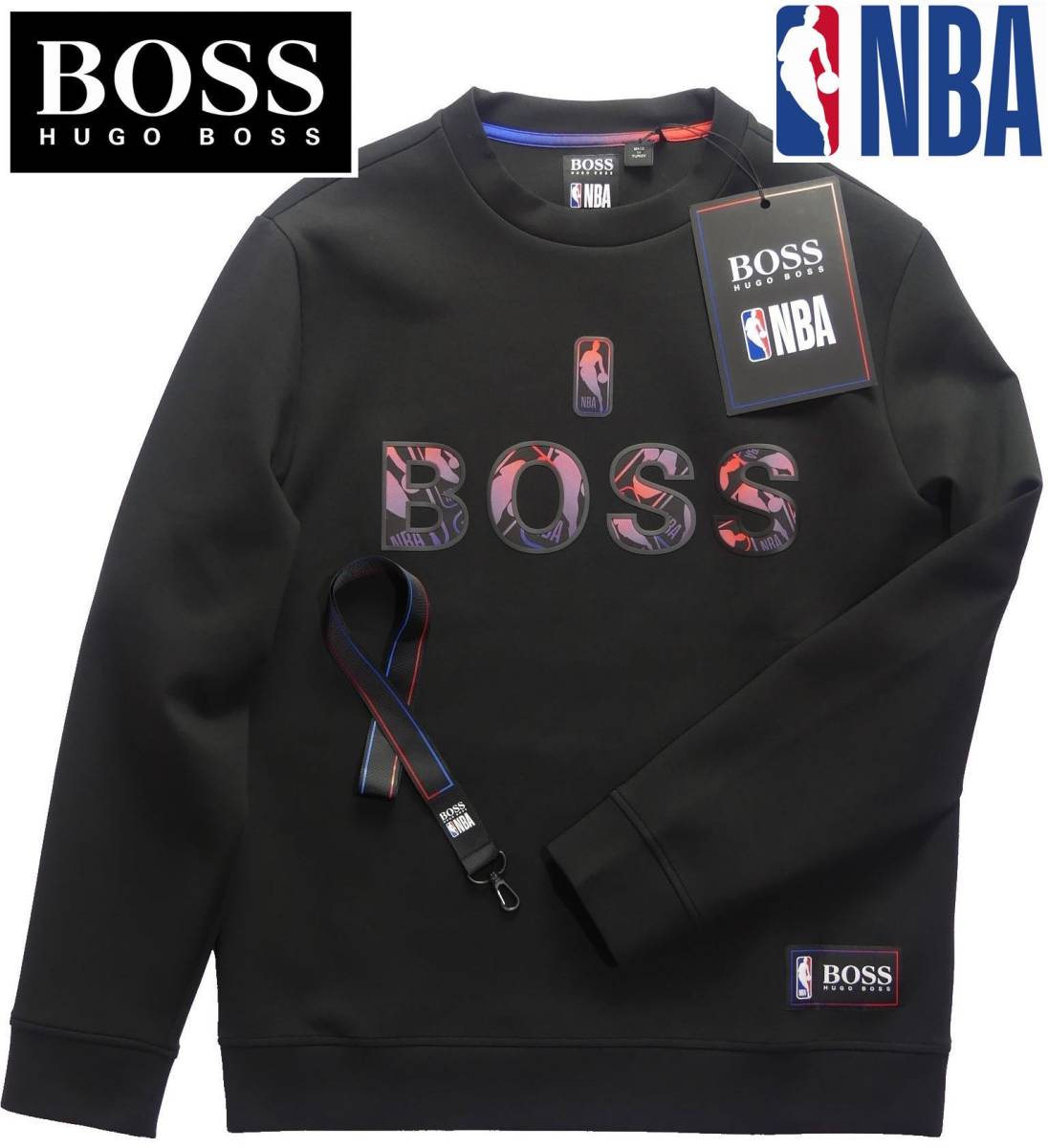 秋冬春32，000円新品HUGO BOSSヒューゴ・ボス★生地ハリで立体感が美しいNBA×BOSS黒プルオーバートレーナー【欧米L＝日本XL】
