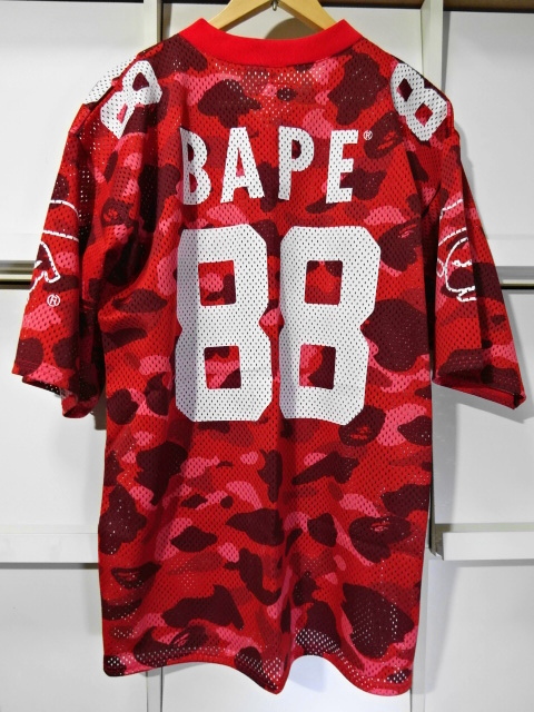 初期【L】BAPE フットボール メッシュTシャツ 加水分解 カラーカモ 猿 