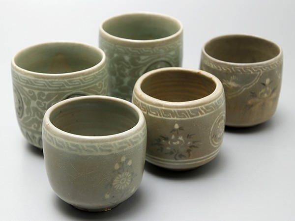 SD024. 時代朝鮮美術 高麗青磁 象嵌煎茶碗 五客 / 陶器陶芸煎茶道具