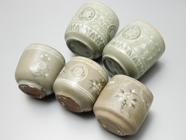 SD024. 時代朝鮮美術 高麗青磁 象嵌煎茶碗 五客 / 陶器陶芸煎茶道具