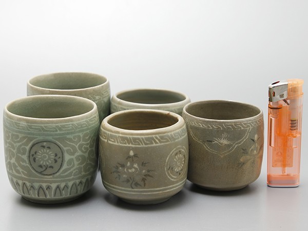 SD024. 時代朝鮮美術 高麗青磁 象嵌煎茶碗 五客 / 陶器陶芸煎茶道具