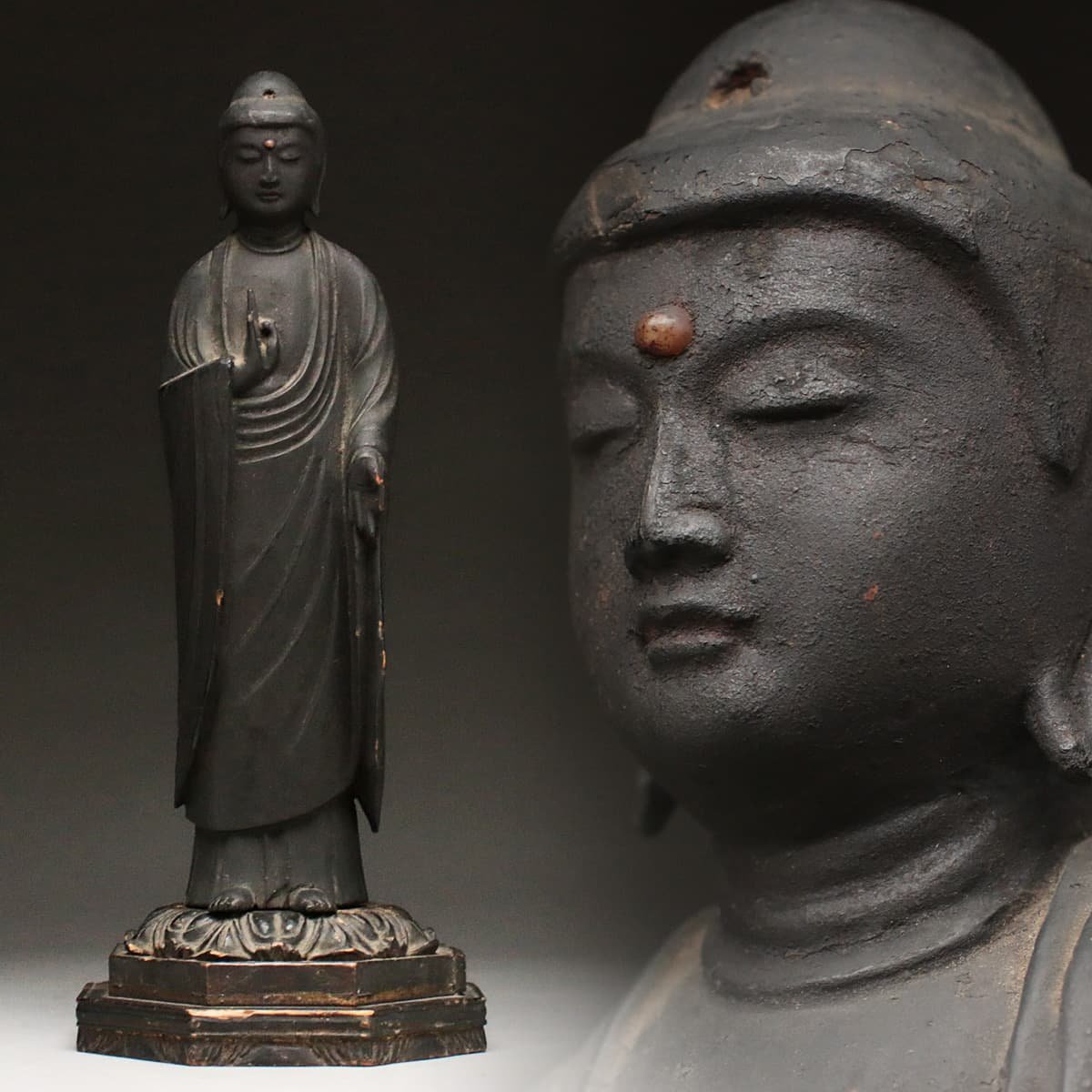 EG219 時代物 古玉白毫 木造阿弥陀如来立像 全高38.3cm/仏高33cm・木雕 