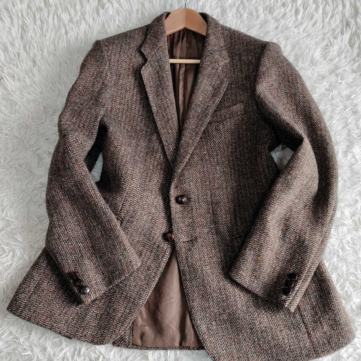 ① ハリスツイード【漂う高級感】Harris Tweed ツイードジャケット テーラードジャケット くるみボタン ブラウン L相当 ウール 秋冬