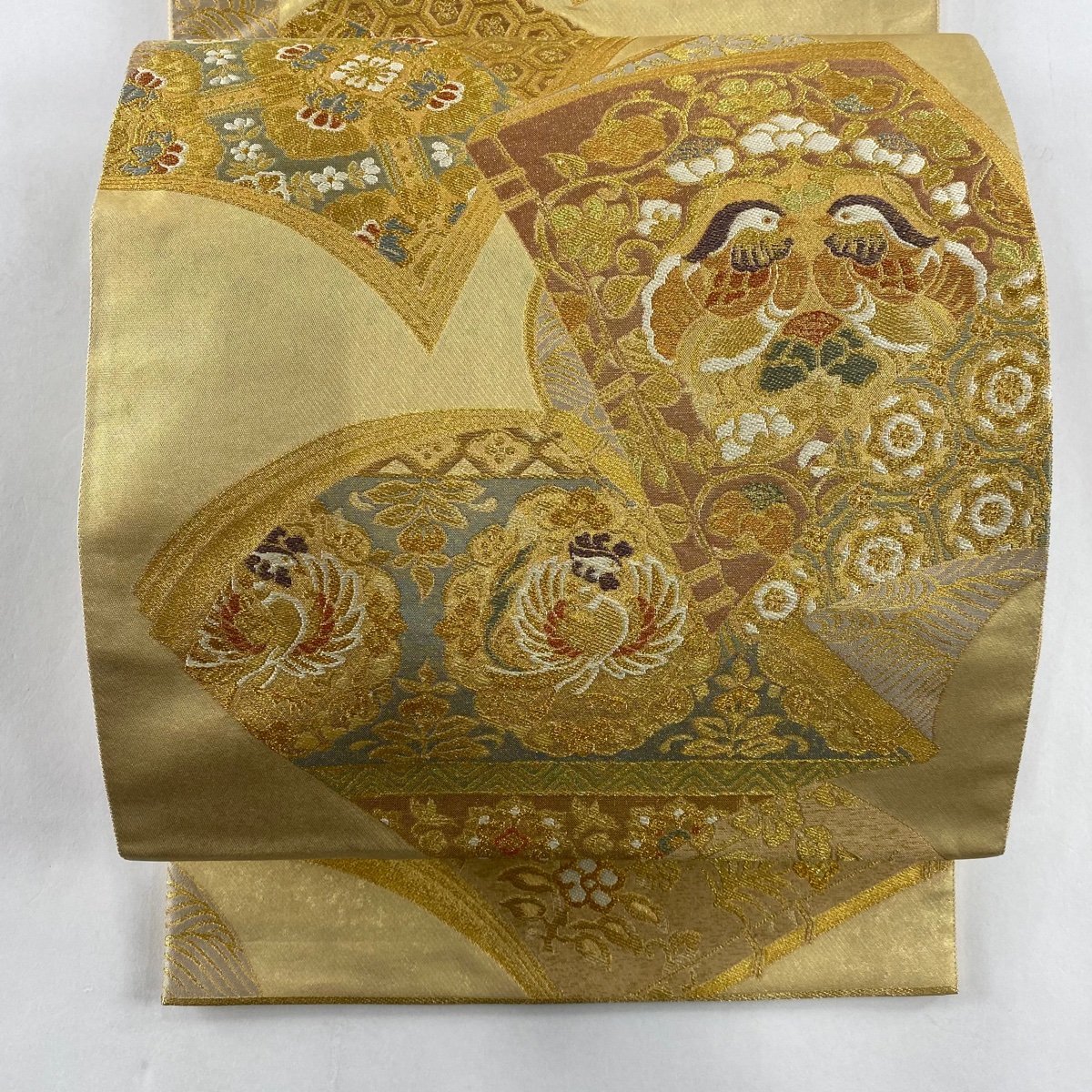 袋帯 美品 秀品 落款 向かい鳥 冊子 箔 金糸 金色 六通 正絹 【中古】