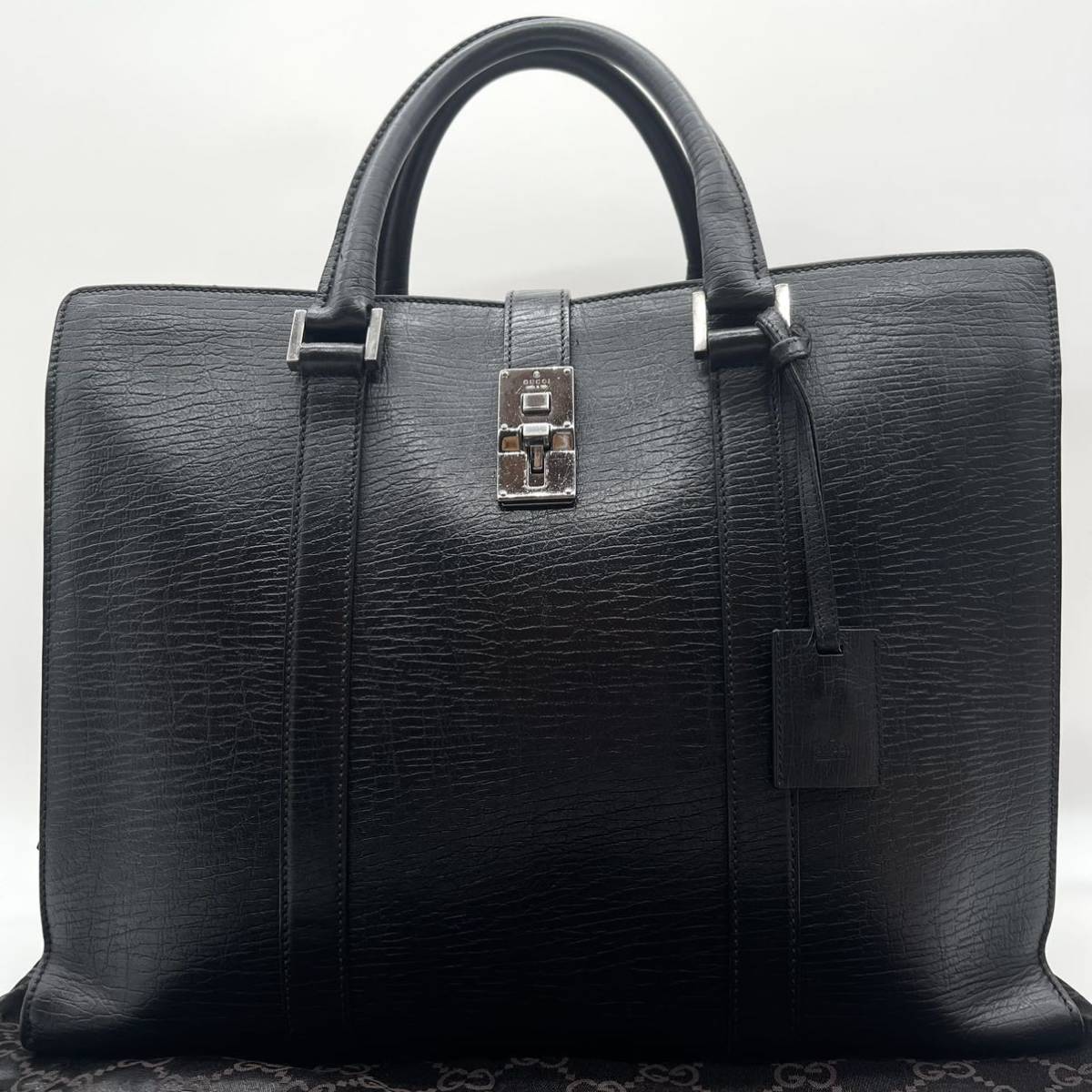 1円【極美品】GUCCI グッチ オールレザー ビジネスバッグ バンド トート 鞄 ブリーフケース A4&PC収納可 メンズ レディース 黒 ブラック グッチ ビジネスバッグ メンズ 1円○極 プレートロゴ トート
