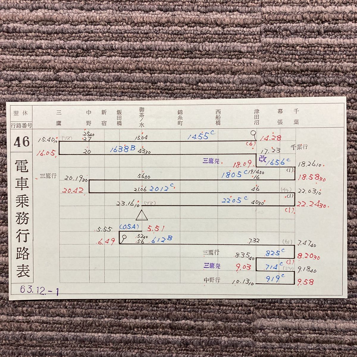 電車乗務行路表・昭和63年12月1日改正「46」行路・平・翌休 ／津田沼