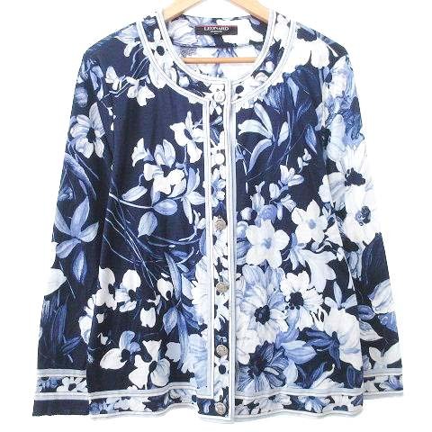レオナール LEONARD FASHION 花柄 カーディガン ノーカラー メタルロゴボタン フラワープリント カットソー 長袖 LL 大きいサイズ 紺 ネイ