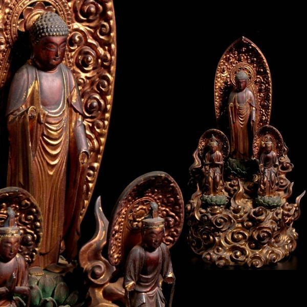 。◆錵◆2 仏像美術 木彫 薬師三尊 39cm 鍍金 細密細工 仏像骨董 廃寺買取 [R172]WS/22.2廻/FM/(120)