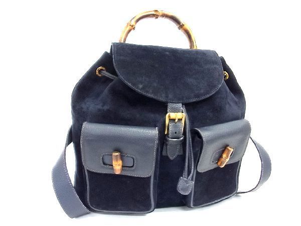 1円 GUCCI グッチ 003 58 0016 バンブー スエード×レザー リュックサック バックパック メンズ レディース ネイビー系 AF6451コN