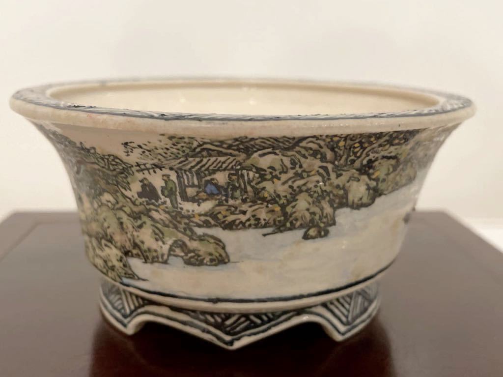 佐野大助 色絵山水人物画丸 盆栽鉢 堀江美功成型(鉢)｜売買された