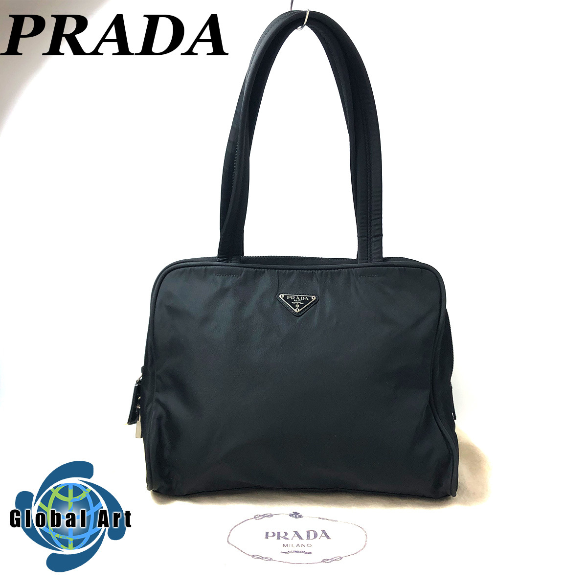 ●11B224/PRADA プラダ/トートバッグ/肩がけ/三角ロゴ/トライアングルロゴ/カデナ付/ロゴプレート/テスートナイロン/ナイロン/ブラック