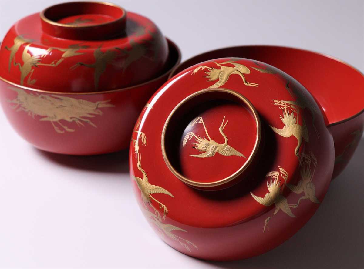 吸物椀 伝統工芸品 煮物椀 朱塗 群鶴金蒔絵椀 木製漆器