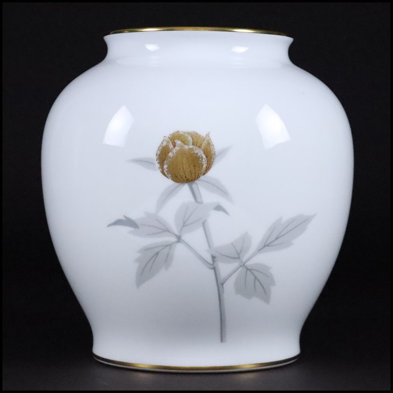 大倉陶園 花瓶 老松 金彩 壺 花器 フラワーベース 金蝕バラ 23cm花器