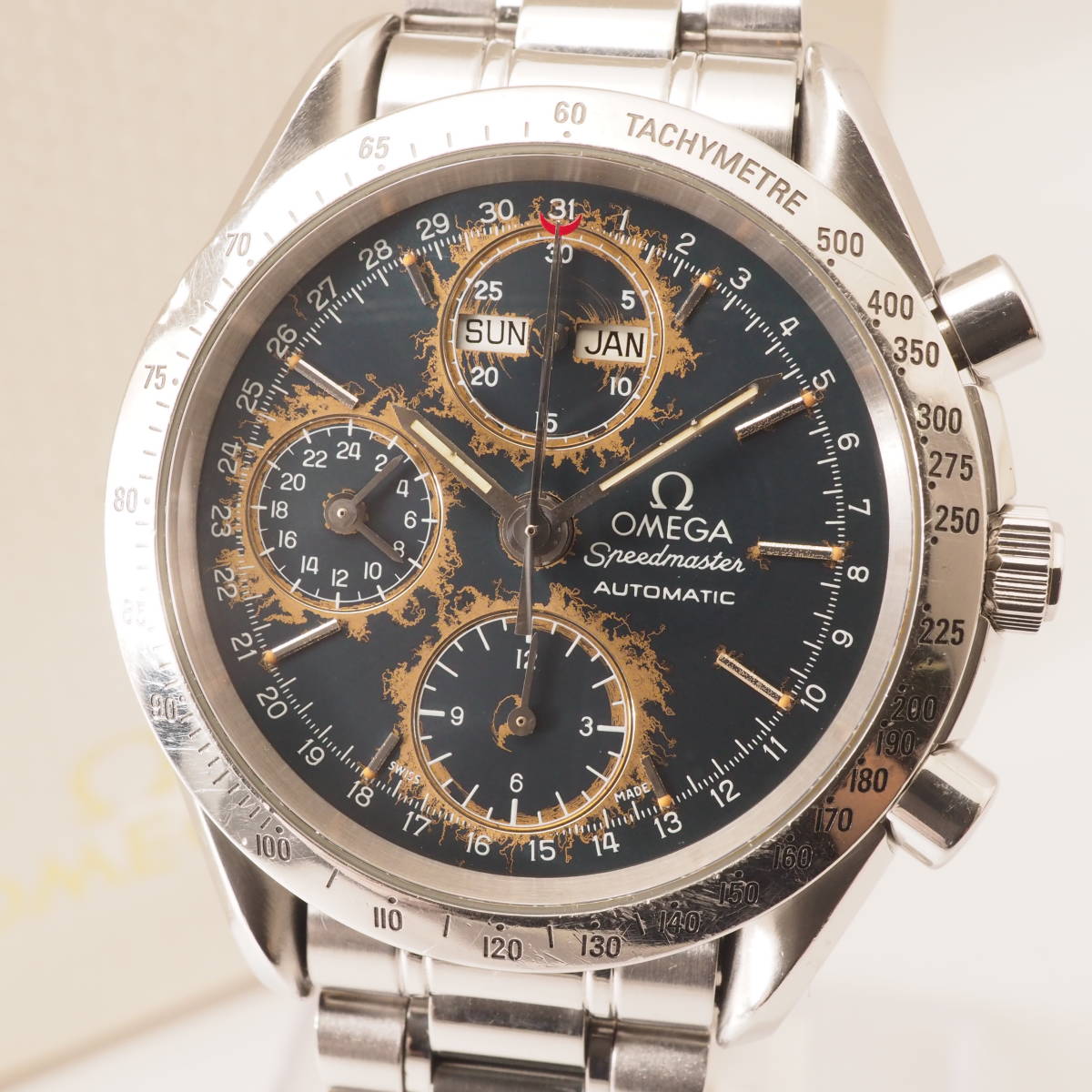 【定番人気，SALE】 オメガスピードマスターオートマチックRef 175.0044 Cal 1150 OMEGA Speedmasterクロノグラフトリプルカレンダー自動 紺 男性 54675133 ZE4(デイト)｜売買されたオークション情報、yahooの商品情報をアーカ スピードマスター