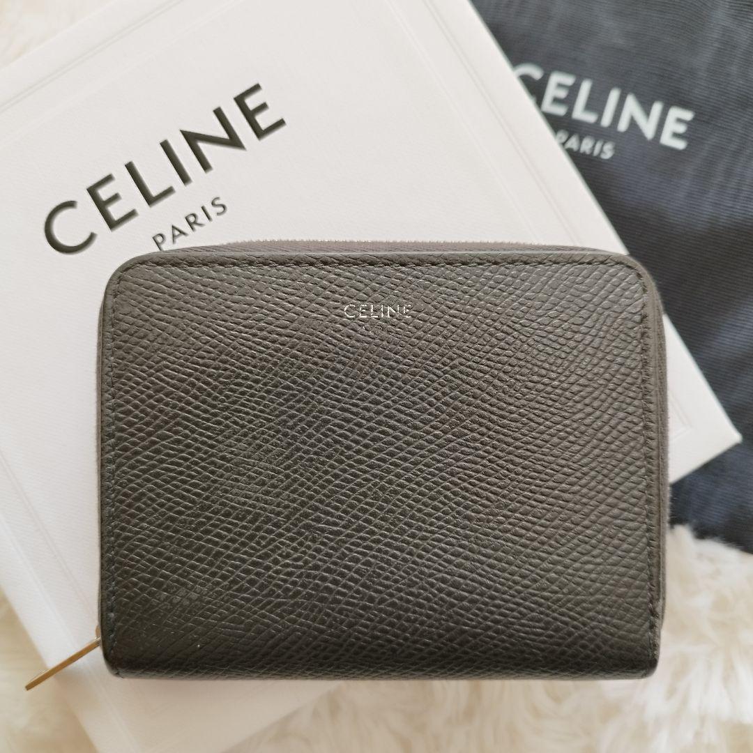 良品◆CELINE セリーヌ　コンパクト コインケース　ダークグレー 小銭入れ コインパース 灰色 カードケース コンパクト ラウンドファスナー セリーヌ CELINE コインケース CELINEセリーヌ コイン&frasl;カードケース 小銭入れ付き&frasl;コンパクトウォレット