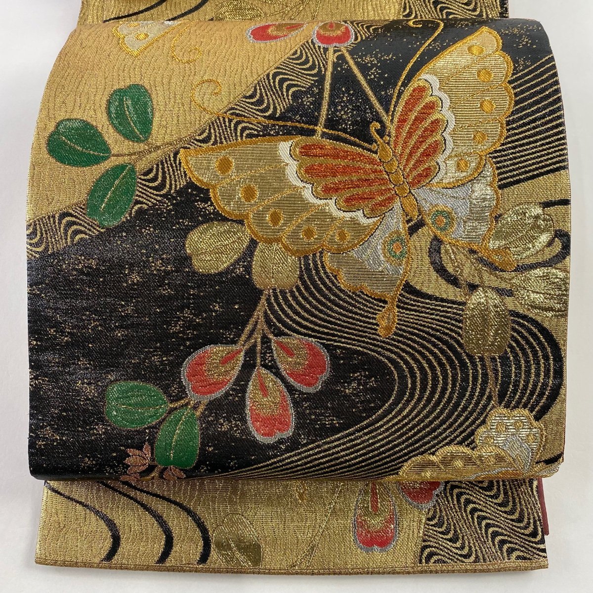 美品 袋帯 秀品 振袖向き 草花 蝶 金銀糸 箔 金色 六通 正絹 中古